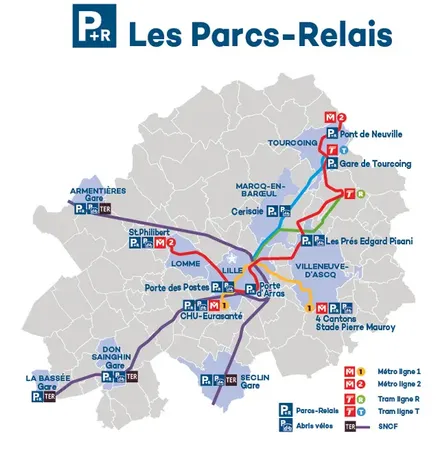 La carte des parkings relais de Lille Métropole